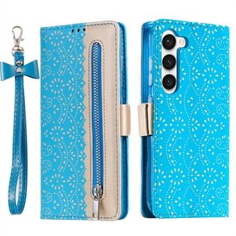 For Samsung Galaxy S23 PU Leather Shockproof Case Zipper Wallet Phone Case Lace Flower Pattern Phone Stand Cover with Bowknot Wrist Strap