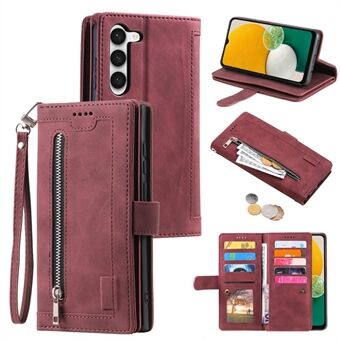 For Samsung  Galaxy S23 Zipper Wallet Phone Case Leather Folio Flip Cover Multi Card Slot Phone Shell with Strap