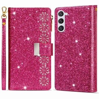 For Samsung Galaxy S23 PU Leather Phone Case Laser Carving Glittery Starry Style Zipper Flip Wallet Cover Stand Multiple Card Slots with Strap