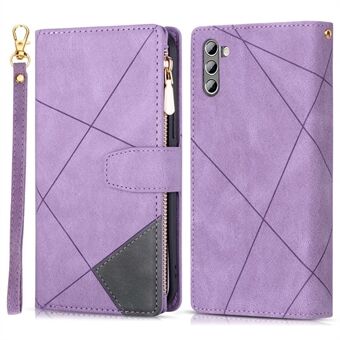 Leather Wallet Phone Case for Samsung Galaxy S23 Anti-Fall Protective Cover Color Splicing Stand Imprinting Lines Phone Case with Zipper Pocket