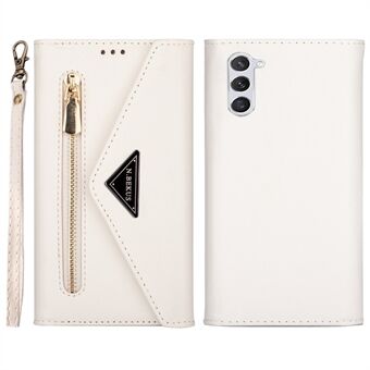 For Samsung Galaxy S23 Skin-touch Feeling PU Leather Phone Case Zipper Pocket Wallet Stand Cover with Short + Long Strap