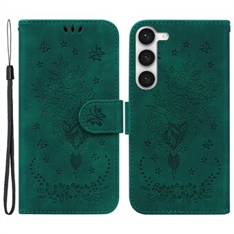 For Samsung Galaxy S23 Imprinted Rose Butterfly PU Leather Flip Cover Stand TPU Inner Shell Magnetic Closure Wallet Phone Cover with Strap