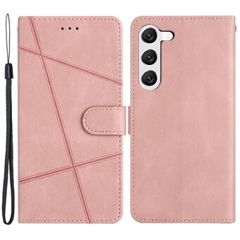 Anti-fall Phone Case for Samsung Galaxy S23 Lines Imprinted Stand Case Crazy Horse Texture PU Leather Wallet Cover with Strap