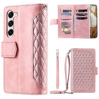 For Samsung Galaxy S23 005 Style Rhombus Imprinted Wallet Case PU Leather Magnetic Closure Handbag Zipper Pocket Stand Flip Phone Cover with Strap