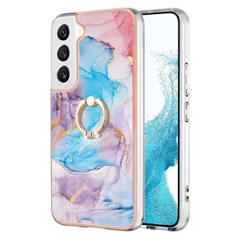 YB IMD Series-6 For Samsung Galaxy S23 Marble Pattern Ring Kickstand Cover Electroplated Frame Soft TPU IMD Shockproof Phone Case