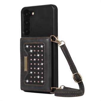 For Samsung Galaxy S23 RFID Blocking Protective Phone Case PU Leather + TPU Rhinestone Decor Phone Cover with Lanyard