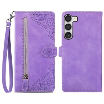 For Samsung Galaxy S23 Shockproof Flower Imprinted PU Leather Zipper Pocket Phone Case Flip Wallet Stand Cover with Strap