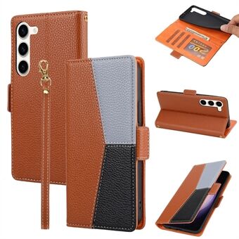 Phone Leather Case for Samsung Galaxy S23, Tri-color Splicing Litchi Texture Cell Phone Stand Cover Wallet with Strap