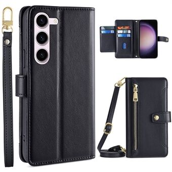 Zipper Pocket Phone Case for Samsung Galaxy S23 Card Slots Stand PU Leather Phone Cover with Straps