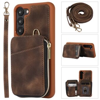 For Samsung Galaxy S23 Phone Case Zipper Card Slots Kickstand Leather Coated TPU Cover with Straps