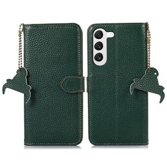 For Samsung Galaxy S23 Wallet Phone Case Genuine Cow Leather Litchi Texture RFID Blocking Stand Shell