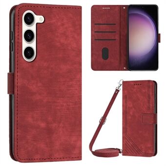 For Samsung Galaxy S23 PU Leather Wallet Folio Case Lines Imprinted Stand Phone Cover with Shoulder Strap