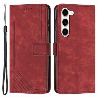 PU Leather Phone Cover for Samsung Galaxy S23 Skin-Touch Lines Imprinted Wallet Phone Case with Stand