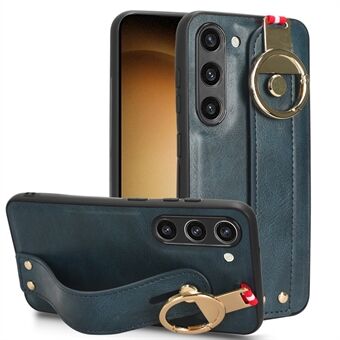 For Samsung Galaxy S23 Wristband Kickstand Cover PU Leather Coated PC+TPU Phone Case with Neck Strap