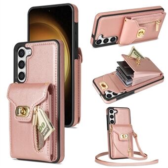 For Samsung Galaxy S23 Card Holder Phone Case Leather Coated TPU Kickstand Cover with Zipper Pocket