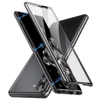 For Samsung Galaxy S23+ Single-Sided Tempered Glass+PC Panel Clear Phone Case Magnetic Adsorption Metal Frame Anti-scratch Phone Cover with Safety Buckle