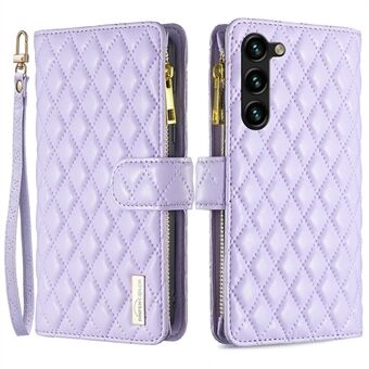 BINFEN COLOR BF Style-15 Phone Case for Samsung Galaxy S23+ Stand Imprinted Rhombus Pattern Zipper Pocket Leather Wallet Cover