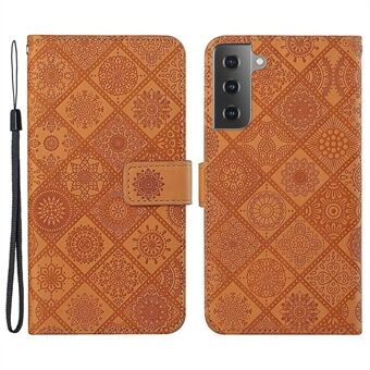 For Samsung Galaxy S23+ Ethnic Style Imprinted Flower Stand Phone Case PU Leather Wallet Cover with Strap