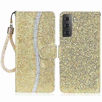 For Samsung Galaxy S23+ Splicing Design PU Leather Glitter Bling Phone Case Foldable Stand Wallet Drop-proof Cover with Hand Strap