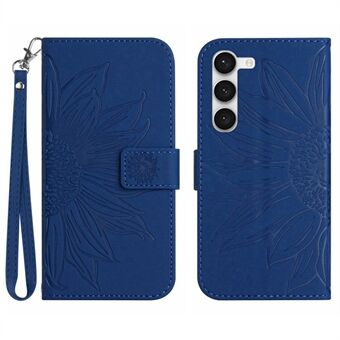 For Samsung Galaxy S23+ HT04 Flip Wallet Cover Skin-Touch Imprinted Sunflower Scratch-resistant Phone Case Stand with Hand Strap