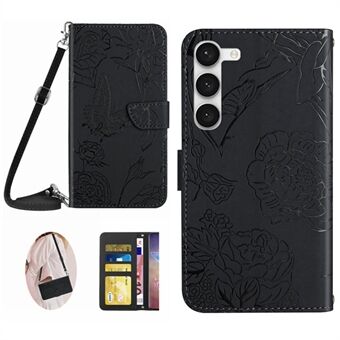 For Samsung Galaxy S23+ HT03 Skin-touch PU Leather Wallet Phone Case Butterfly Flowers Imprinted Stand Magnetic Folio Cover with Shoulder Strap