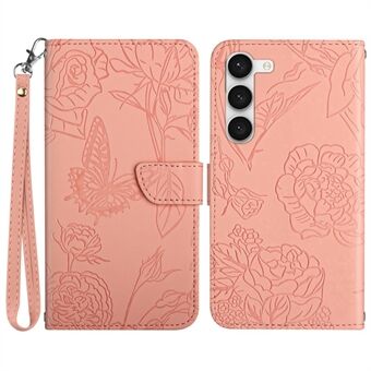 For Samsung Galaxy S23+ HT03 Imprinted Butterfly Flowers Wallet Case Skin-touch PU Leather Magnetic Flip Stand Phone Cover with Strap