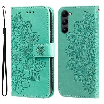 For Samsung Galaxy S23+ PU Leather Protective Phone Case Flower Imprinting Anti-scratch Phone Cover Stand Wallet with Strap