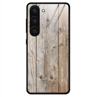 For Samsung Galaxy S23+ Wooden Pattern Tempered Glass Shell Phone Case TPU Frame Protective Cover