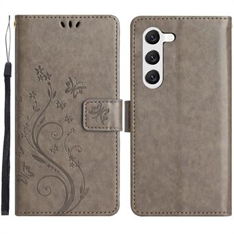 For Samsung Galaxy S23+ PU Leather Stand Wallet Case Imprinting Flower Butterflies Magnetic Clasp Phone Cover