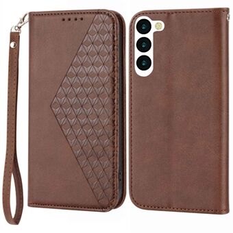 For Samsung Galaxy S23+ Calf Texture Imprinted Rhombus Pattern PU Leather Case Wallet Folio Flip Phone Stand Cover with Strap