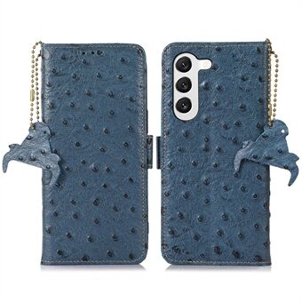 For Samsung Galaxy S23+ RFID Blocking Ostrich Pattern Genuine Cowhide Leather Case, Side Magnetic Closure Phone Case Stand Wallet Phone Cover