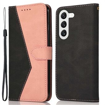 For Samsung Galaxy S23+ Anti-scratch Phone Stand Case Color Splicing PU Leather Folio Flip Wallet Cover with Wrist Strap