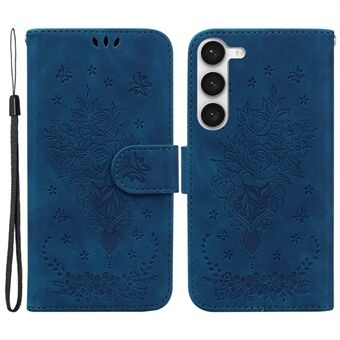 For Samsung Galaxy S23+ PU Leather Wallet Phone Case Imprinted Rose Butterfly Stand Magnetic Closure Anti-fall Cover with Strap