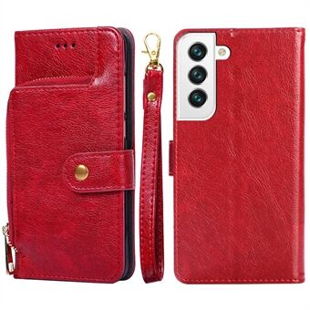 For Samsung Galaxy S23+ Zipper Pocket Phone Case PU Leather Adjustable Stand Wallet Cover with Handy Strap