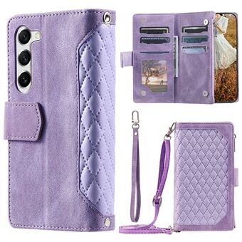 For Samsung Galaxy S23+ 005 Style Rhombus Imprinted PU Leather Flip Wallet Case Magnetic Handbag Zipper Pocket Stand Phone Cover with Strap