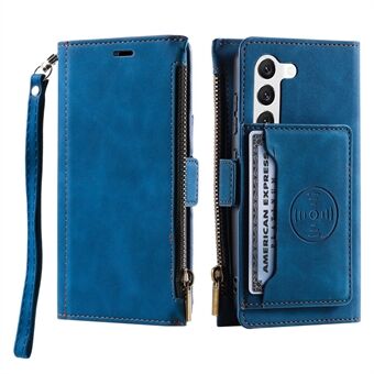 For Samsung Galaxy S23+ Zipper Pocket Back Card Holder Phone Cover PU Leather Stand Wallet Case with Hand Strap