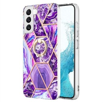 For Samsung Galaxy S23+ YB IMD Series-7 Electroplating Splicing Marble Pattern IMD Case Ring Kickstand Anti-drop TPU Cover