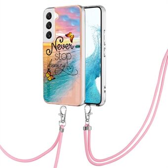 For Samsung Galaxy S23+ YB IMD Series-4 IMD IML Marble Flower Pattern TPU Phone Case Electroplating Frame Protective Back Cover with Lanyard