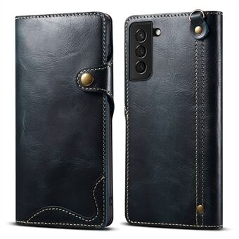 For Samsung Galaxy S23+ Oil Wax Texture Phone Wallet Case Magnetic Button Closure Genuine Leather Folio Flip Cover with Strap