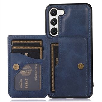 For Samsung Galaxy S23+ Card Holder Phone Case PU Leather Coated TPU Kickstand Back Cover with Car Mount Metal Sheet