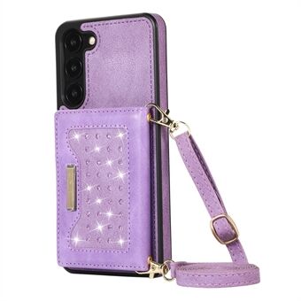 Anti-scratch Phone Cover For Samsung Galaxy S23+, RFID Blocking Tri-fold Wallet Kickstand Rhinestone Decor PU Leather Coated TPU Phone Case with Strap