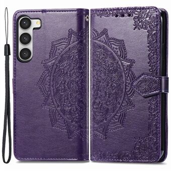 For Samsung Galaxy S23+ Shockproof Protection Cover Mandala Pattern Embossed PU Wallet Phone Stand Case with Strap