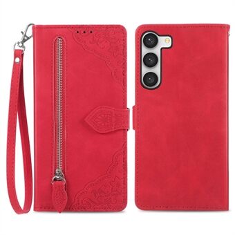 For Samsung Galaxy S23+ Flower Imprinted PU Leather Zipper Pocket Phone Case Wallet Stand Anti-wear Smartphone Cover with Strap