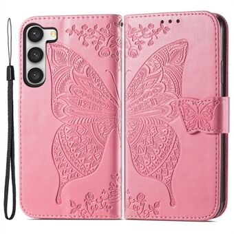 For Samsung Galaxy S23+ Imprinted Butterfly Pattern Anti-scratch Phone Case PU Leather + TPU Wallet Stand Protective Phone Cover with Strap