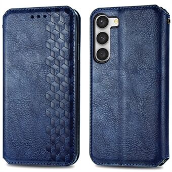 For Samsung Galaxy S23+ PU Leather Rhombus Imprinted Cover Well-protected Magnetic Auto-absorbed Stand Wallet Folio Flip Phone Case