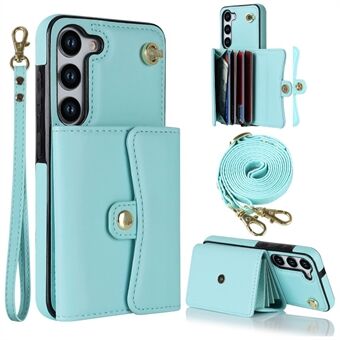 For Samsung Galaxy S23+ RFID Blocking Phone Case Accordion Style Card Slots Phone Kickstand Cover with Short Strap and Long Strap