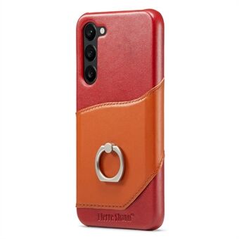 FIERRE SHANN For Samsung Galaxy S23+ Ring Kickstand Genuine Leather Coated PC Phone Case with Card Slot