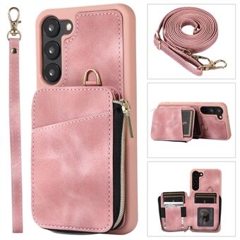 For Samsung Galaxy S23+ Zipper Card Holder Phone Case Leather Coated TPU Kickstand Cover with Straps