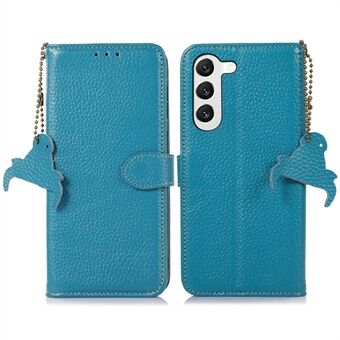 For Samsung Galaxy S23+ Stand Wallet Genuine Cow Leather Cover Litchi Texture RFID Blocking Phone Shell