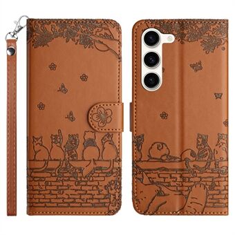 PU Leather Stand Case for Samsung Galaxy S23+ , Wall Cats Imprinted Phone Wallet Cover with Strap